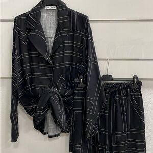 New Italy linen Black Geometric Patterned Blouse and Pants Set